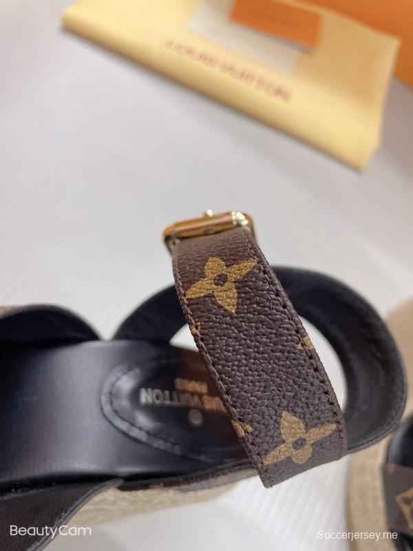 2025 Women Louis Vuitton Brown Leather Denim Espadrilles Wedge Sandals MJ00280