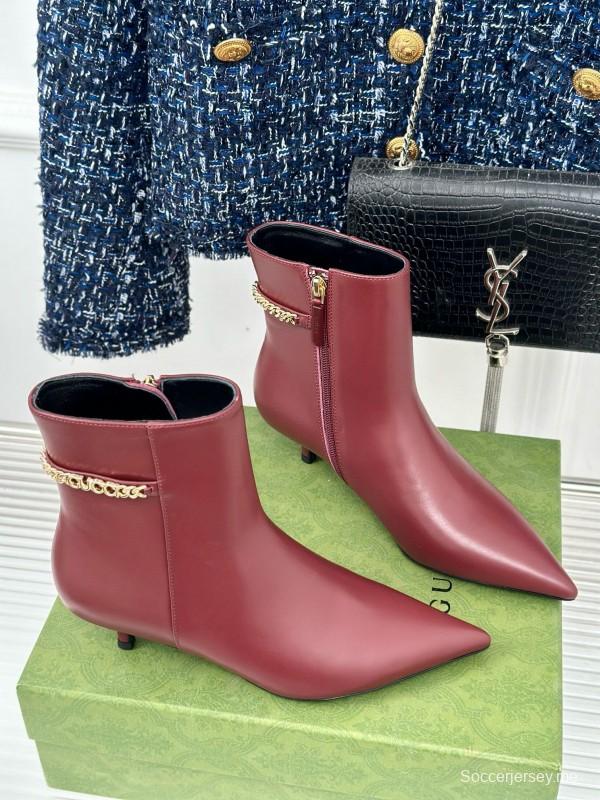2024 Women Gucci Burgundy Leather Ankle Boots Chain MJ00410