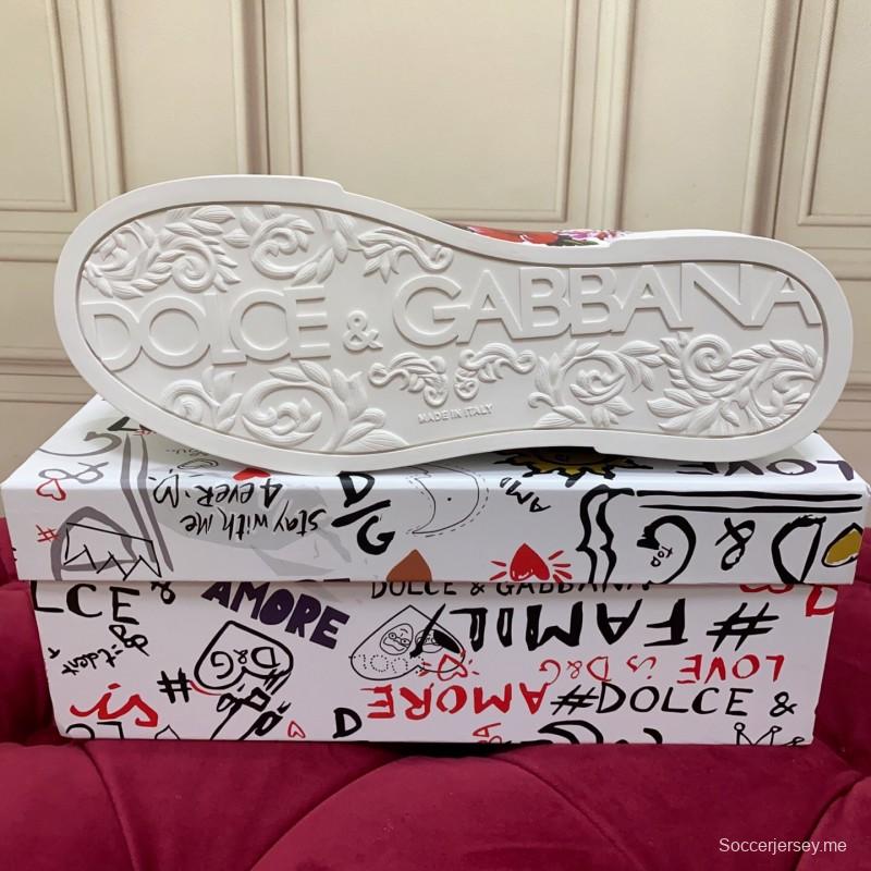 2025 Women Dolce & Gabbana White Red Leather Sneakers Floral LY00300