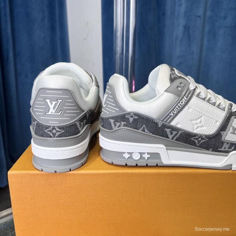 2025 Unisex Louis Vuitton Grey White Canvas Leather Sneakers