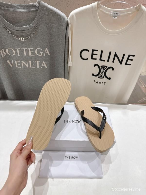 2025 Unisex The Row Beige And Black Leather Casual Flip-Flops Handmade KFY00160