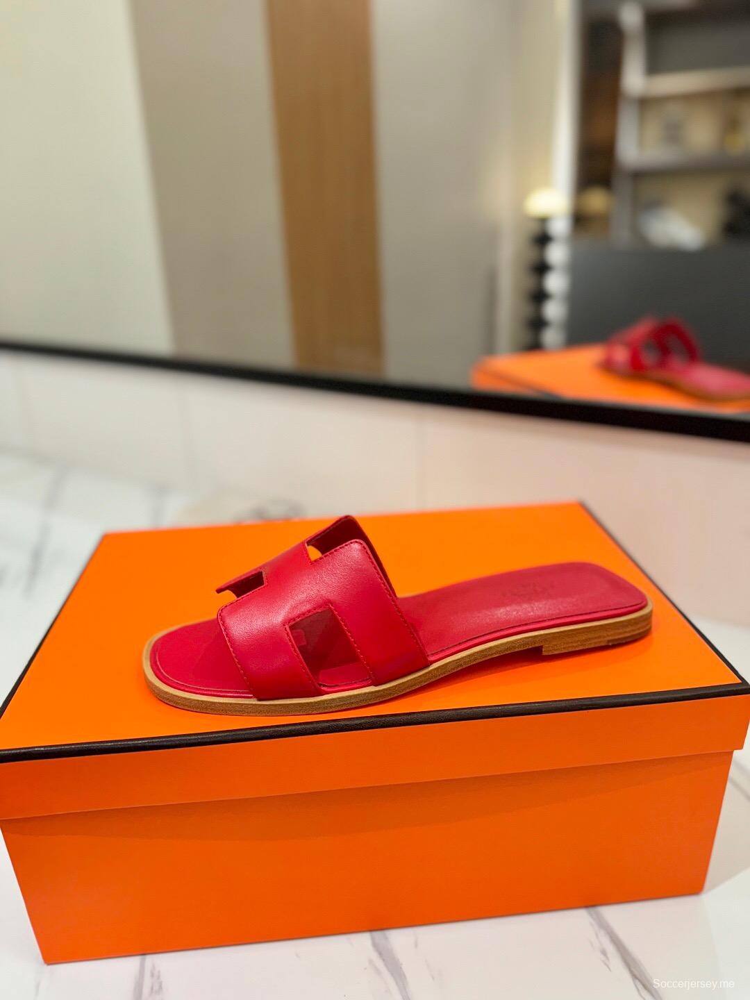 2025 Women Hermès Red Leather Slippers