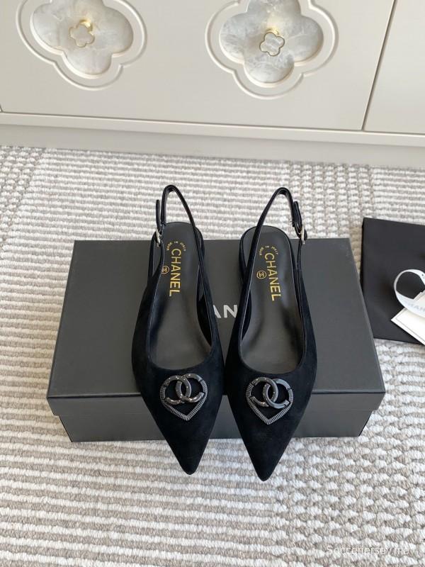 2025 Women Chanel Black Suede Slingback Heart Logo Flats KFY00300