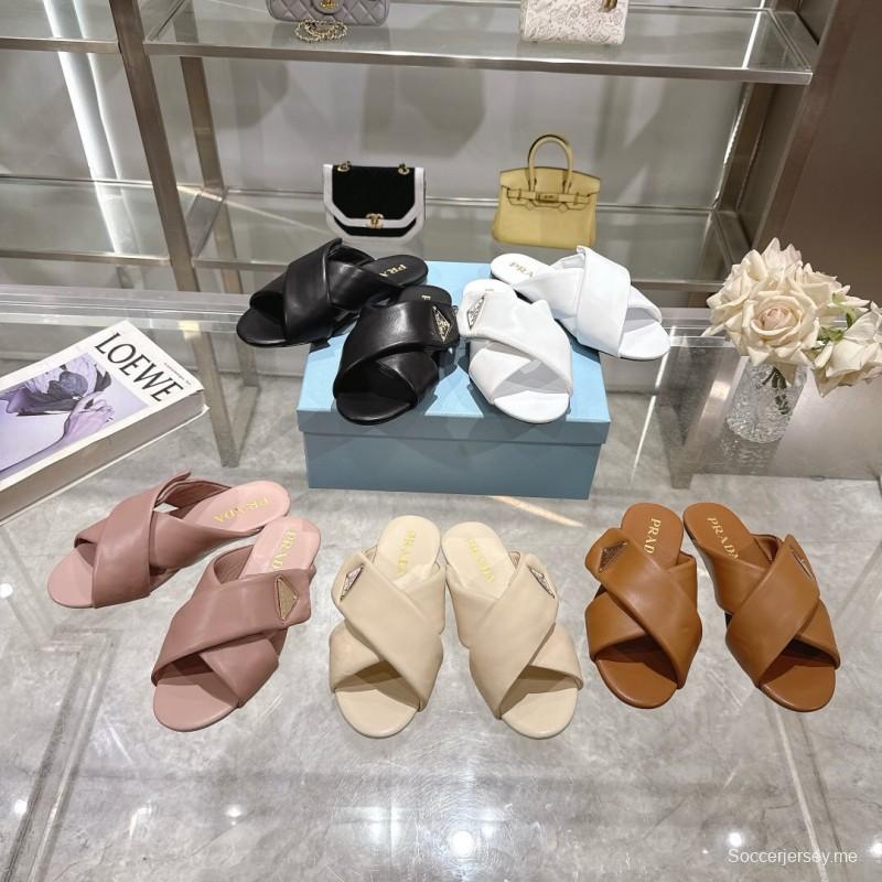 2025 Women Prada White Leather Slippers