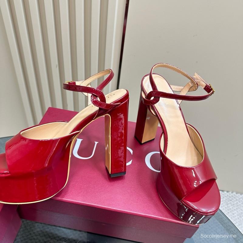 2025 Women Gucci Red Patent Leather Platform Sandals
