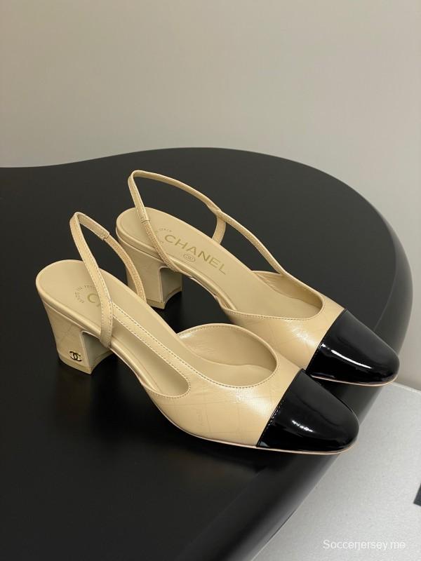 2025 Women Chanel Beige Black Leather Sling-back Classic Heel