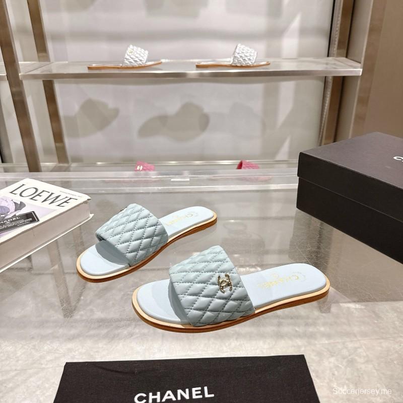 2025 Women Chanel Light Blue Lambskin Slippers