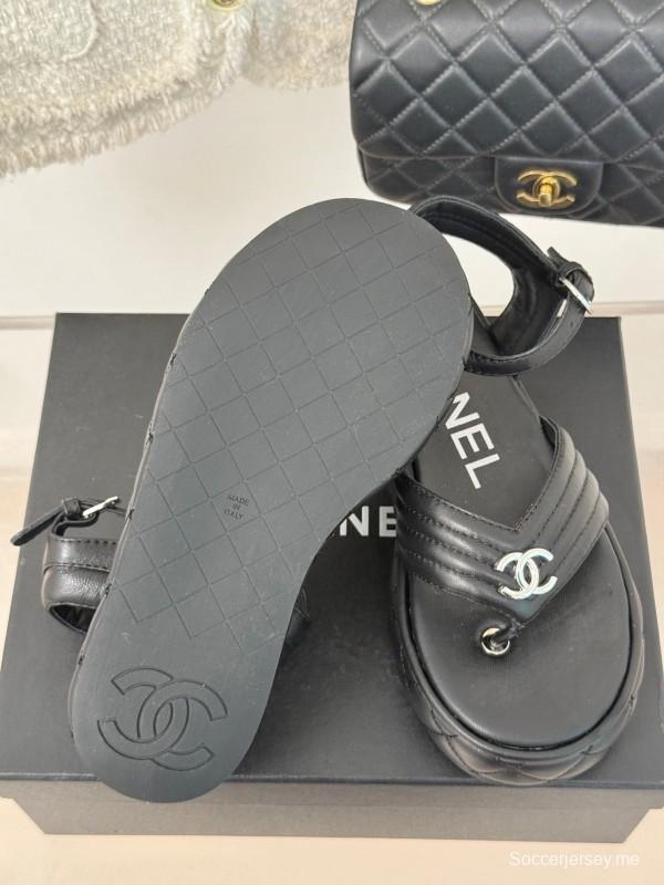 2025 Women Chanel Black Leather Sandals Platform