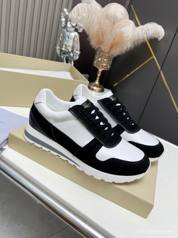 2024 Unisex Brunello Cucinelli Black White Suede Calfskin Leather Sneakers MJ00360