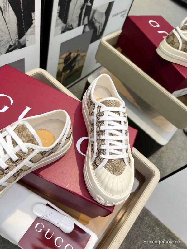 2025 Women Gucci Beige Brown Canvas Platform Sneakers Non-heritage Layered Stitching LY00270