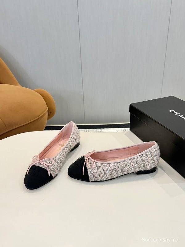 2025 Women Chanel Pink Black Sheepskin Tweed Ballet Flat LY00250