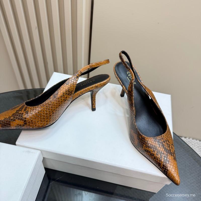 2025 Women Celine Brown Snakeskin Leather Slingback Heels