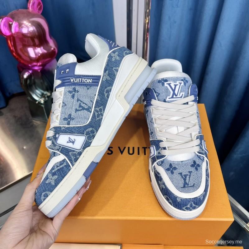 2025 Men Louis Vuitton Blue White Denim Leather LV Trainer