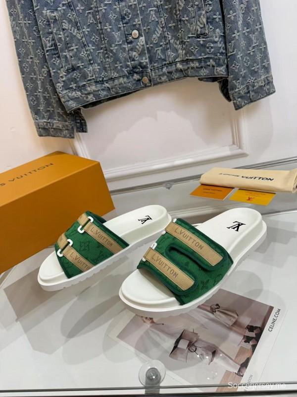 2025 Slippers Louis Vuitton Green White Canvas Slippers LY