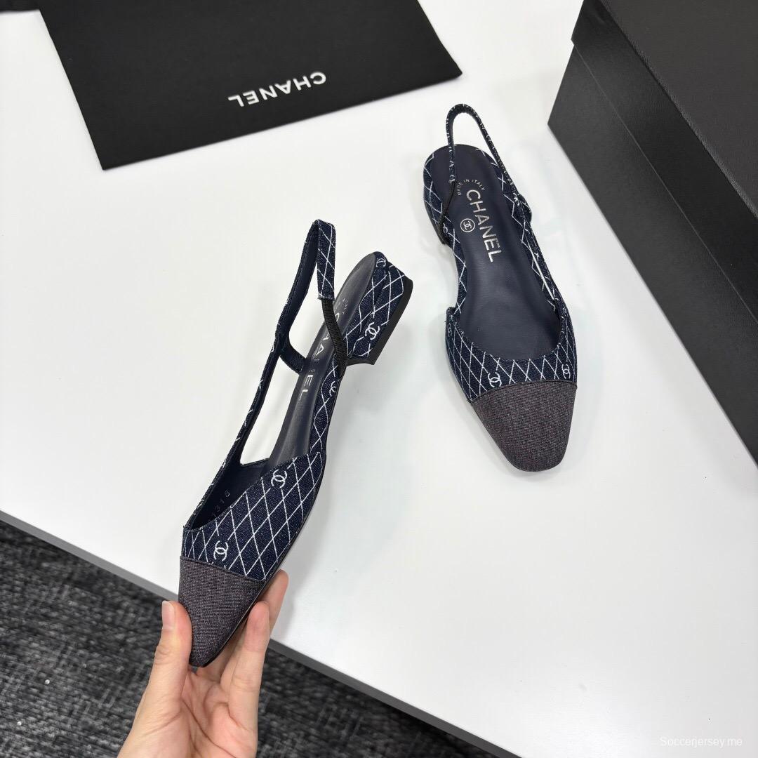 2025 Women Chanel Navy Blue Grey Fabric Leather Slingback LY00000