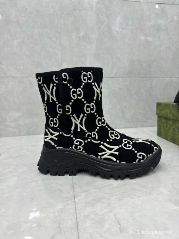 2024 Women Gucci Black White Suede Snow Boots GG NY Embroidery MJ00370