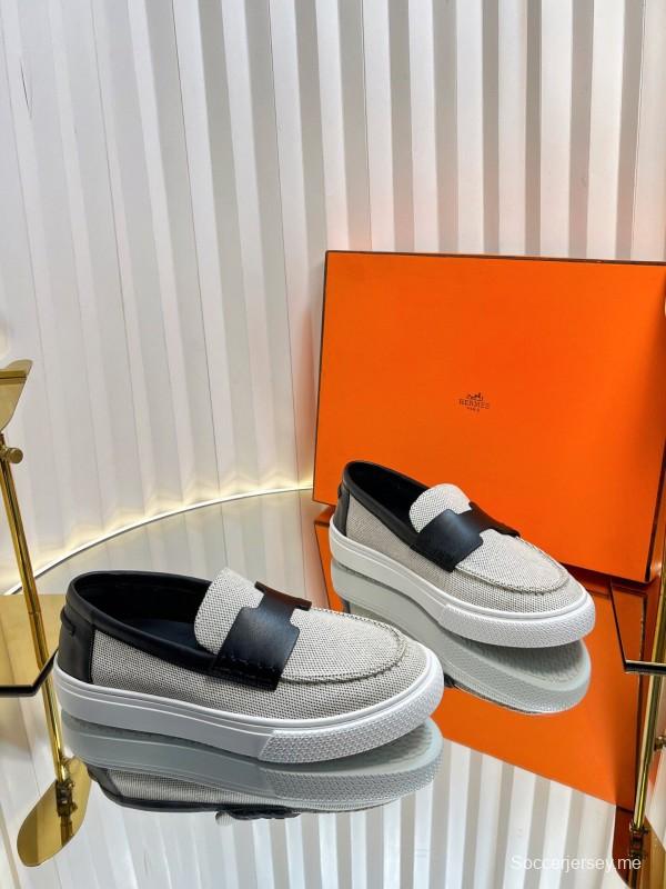 2025 Unisex Hermès Black White Leather Fabric Loafers LY00310(F)/LY00320(M)