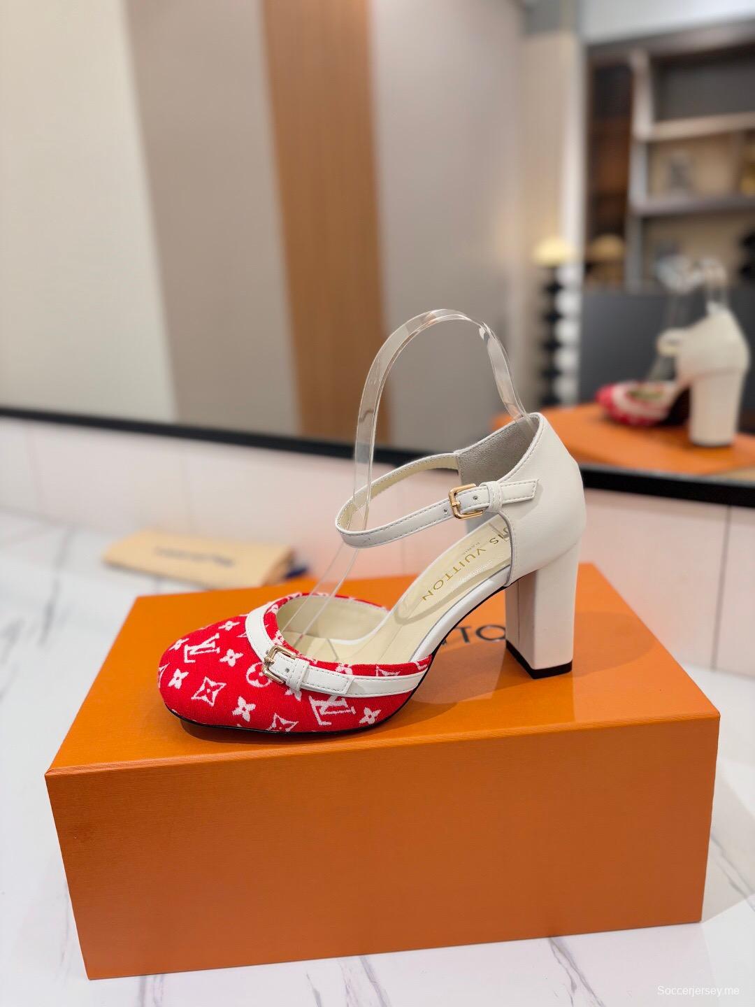 2025 Women Louis Vuitton Red White Denim Leather Heeled Sandals KFY00310