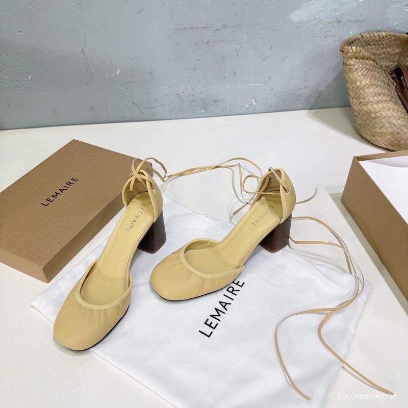 2025 Women LEMAIRE Pale Yellow Lambskin Mary Jane Heeled Shoes