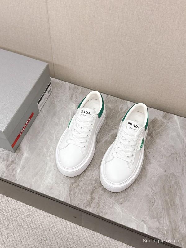 2025 Unisex Prada White Green Calf Leather Sneakers KFY00290