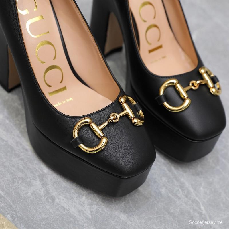 2025 Women Gucci Black Sheep Leather Platform Pumps KFY00320