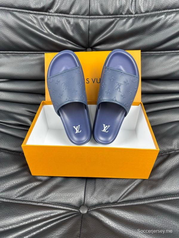 2025 Men Louis Vuitton Blue Leather Slippers AS00170