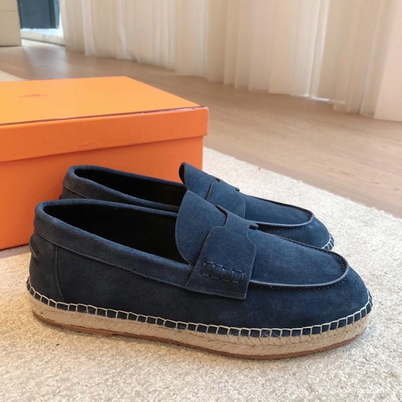 2025 Unisex Hermès Navy Blue Suede Calfskin Loafers AS00380