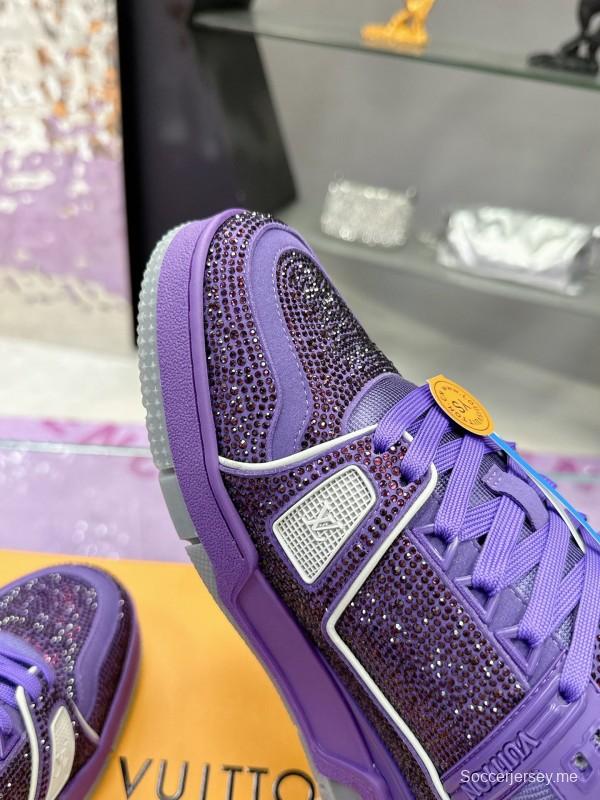 2025 Women Louis Vuitton Purple Blue Leather Plimsolls Handcrafted Rhinestone AS00400