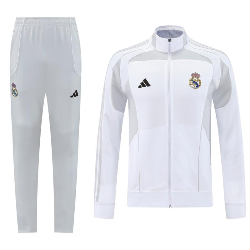 25/26 ريال مدريد جاكيت بسحاب كامل رمادي/أبيض + بنطلون طويل