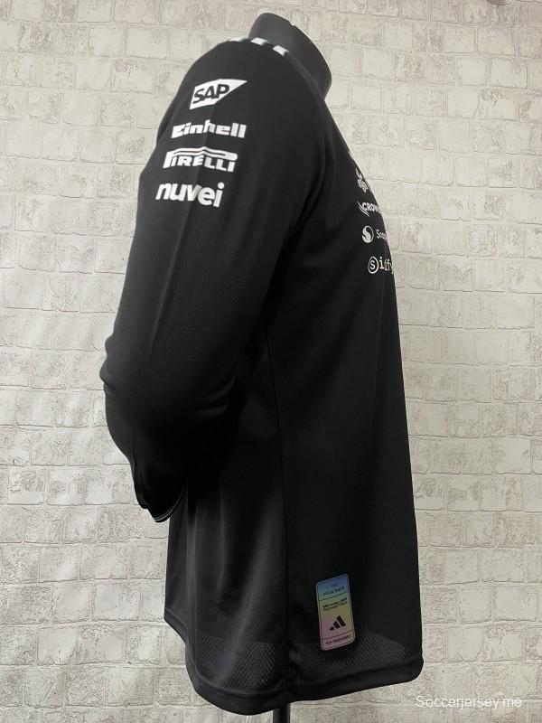 2026 فريق مرسيدس-AMG Petronas F1 F1 فريق مرسيدس-AMG للفورمولا 1 قميص بأكمام طويلة أسود بحواف مزينة باللون الأزرق المخضر