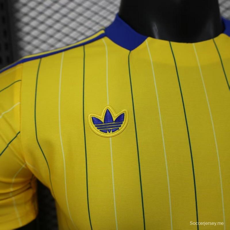 إصدار اللاعب 25/26 قميص ليدز يونايتد ريترو هوم أصفر بخطوط عمودية بنمط قميص مخطط عمودي