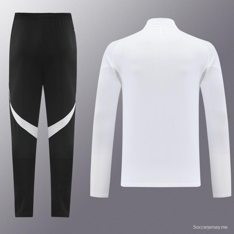 25/26 أديداس جاكيت رياضي أبيض بسحاب كامل + بنطلون طويل + جاكيت أديداس أبيض