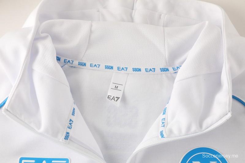 25/26 نابولي جاكيت رياضي أبيض بسحاب كامل + بنطلون طويل + جاكيت أبيض