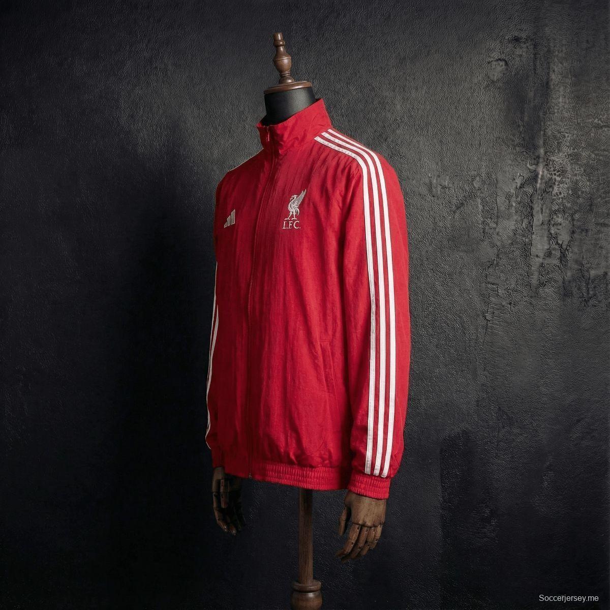 2026 سترة ليفربول حمراء وبيضاء قابلة للانعكاس بسحاب كامل