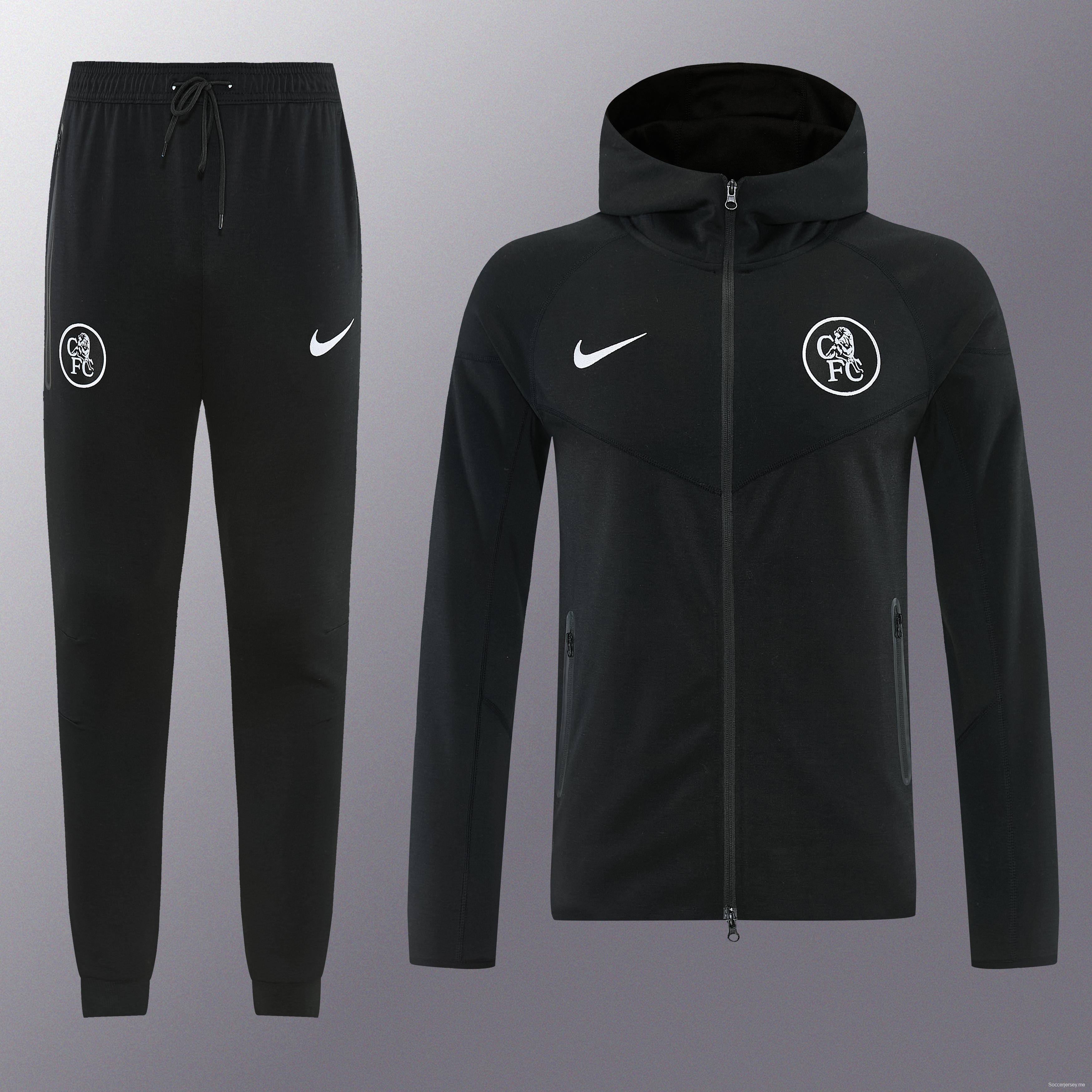 25/26 تشيلسي أسود كامل سحاب هوديي واقي من الرياح + بنطلون طويل