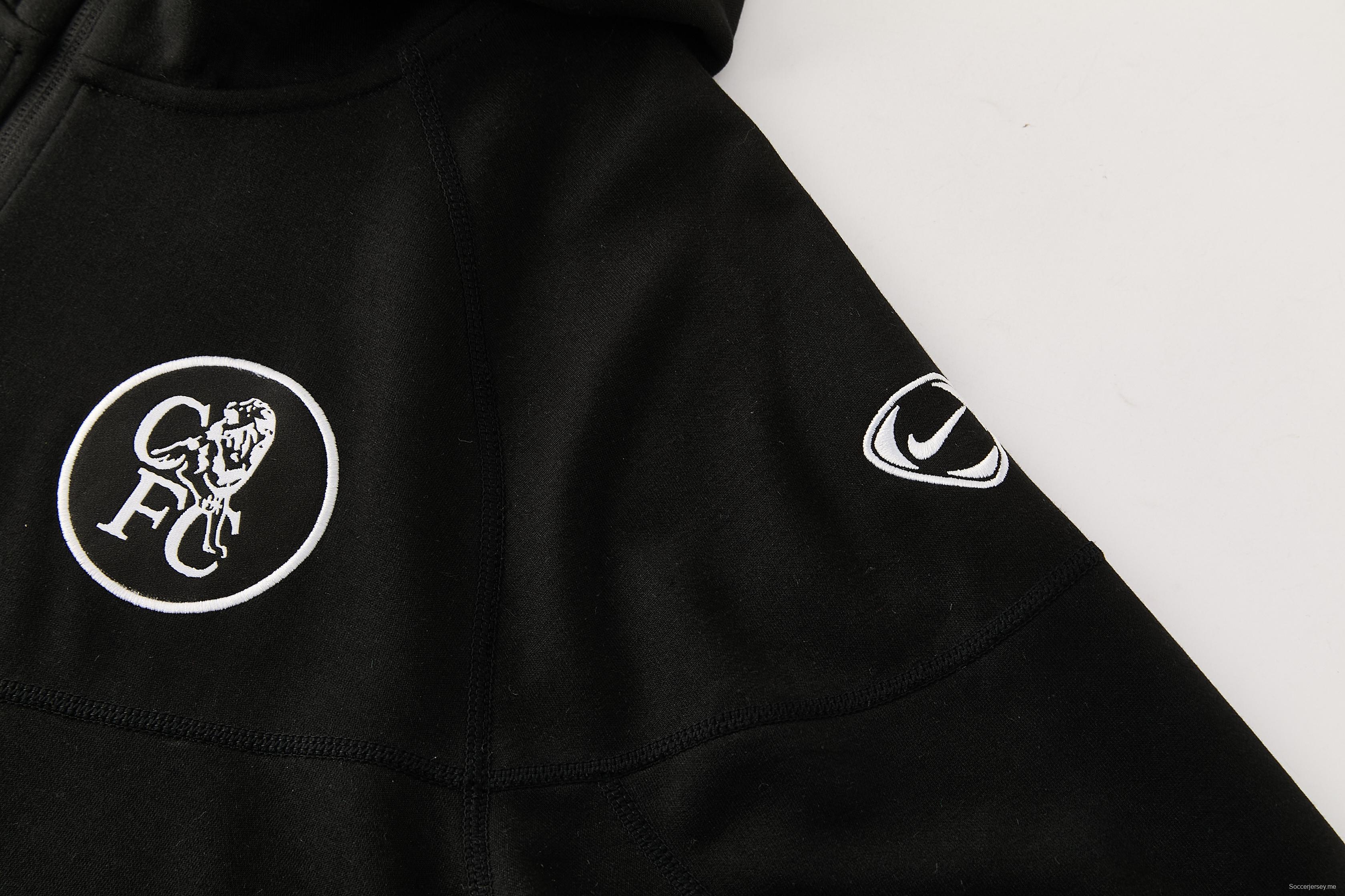 25/26 تشيلسي أسود كامل سحاب هوديي واقي من الرياح + بنطلون طويل