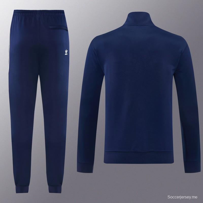 2026 سترة أديداس باللون الأزرق الداكن بسحاب كامل + بنطال طويل