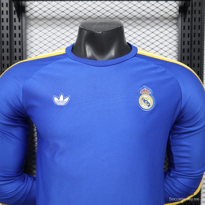 قميص لاعب طويل الأكمام بلون ريال مدريد الأزرق، إصدار 2026، من Adidas Originals، إصدار خاص رجعي
