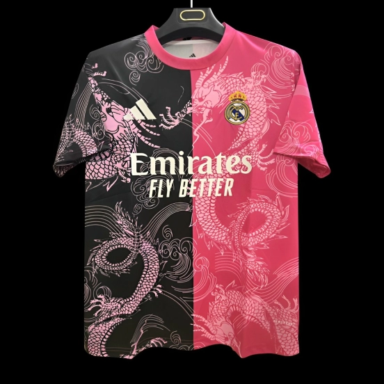 25/26 قميص ريال مدريد باللونين الوردي والأسود بتصميم التنين المنفصل