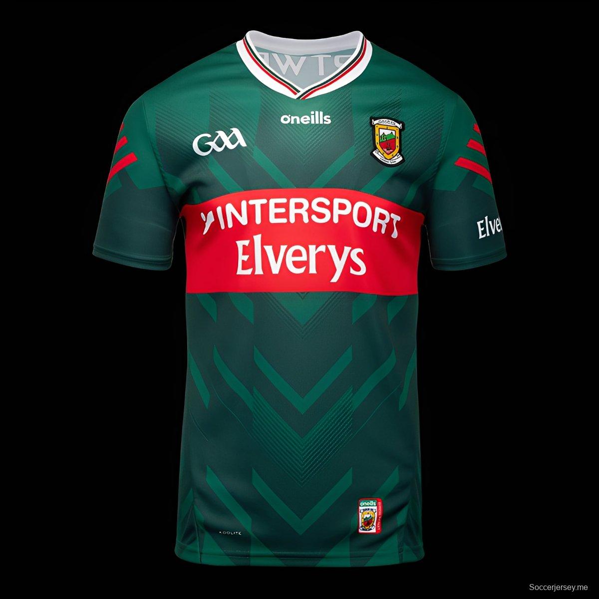 2026 قميص مايو GAA أخضر مع شريط أحمر ونقشة شيفرون