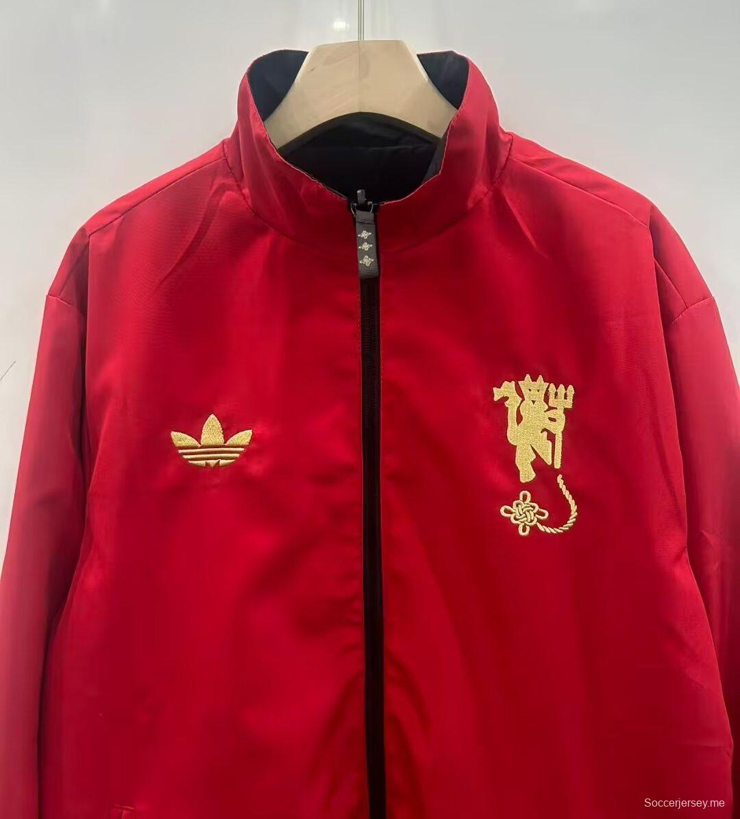 25/26 مانشستر يونايتد أحمر/أسود قابل للانعكاس بسحاب كامل واقي من الرياح