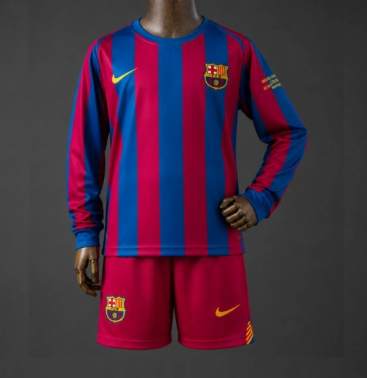 05/06 قميص برشلونة للأطفال (دوري أبطال أوروبا) بنمط كلاسيكي بأكمام طويلة، المقاسات 16-28